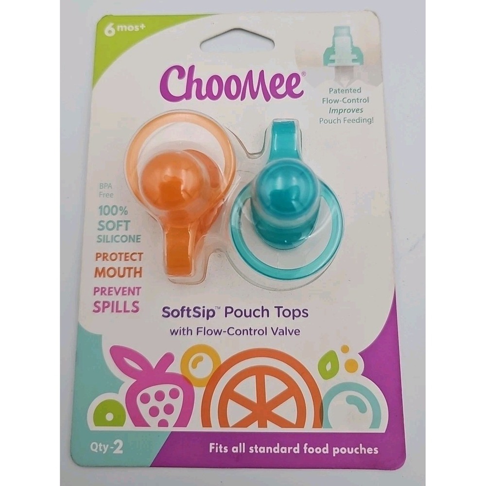 ChooMee SoftSip Pouch Tops Flow Control Valve Blue Orange 2-Pack 858195004019